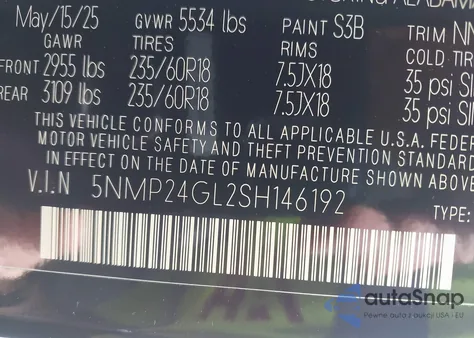 2025 Hyundai Santa Fe Sel z USA, uszkodzony, nr VIN 5NMP24GL2SH146192